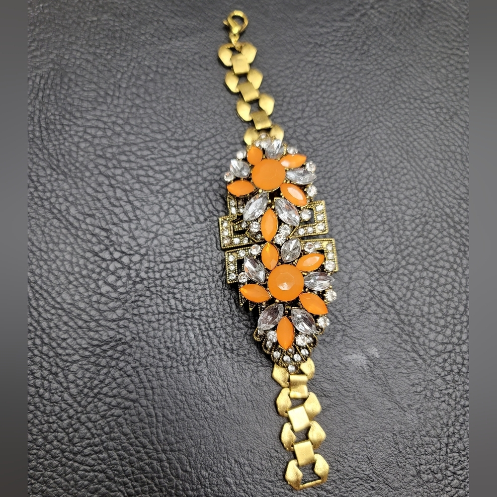 Floral Rhinestone Bracelet, Orange & Clear